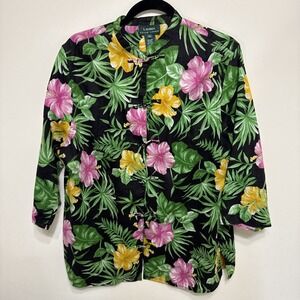 LAUREN RALPH LAUREN Sz 1X Tropical Floral 100% Linen Frog Closure Tunic Top EUC